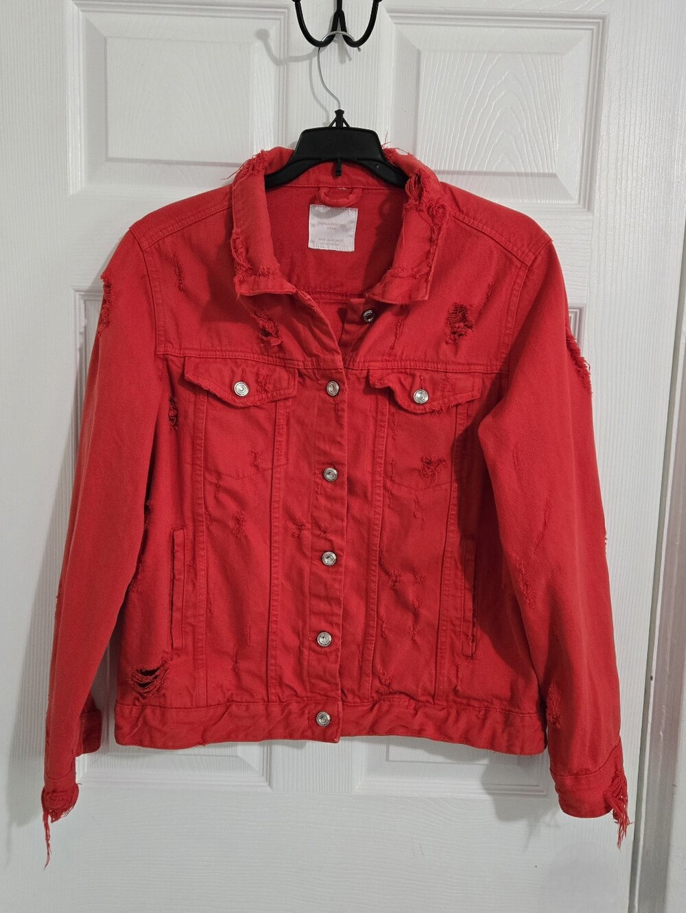 Zara Trafaluc Red Distressed Denim Jacket Women’s M Ripped Grunge